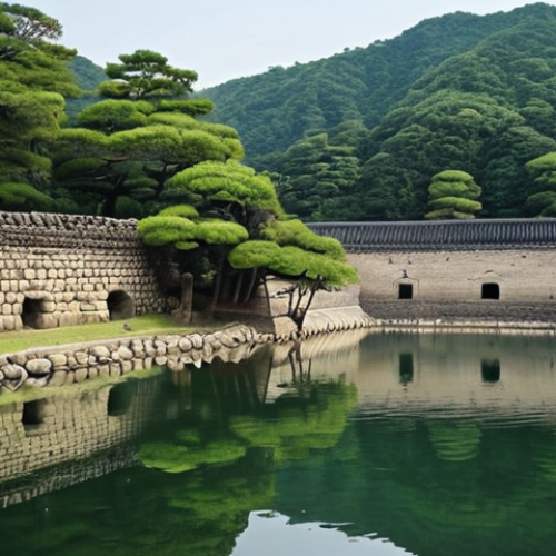 Home 11 **Historical Lake Scene:** "A serene lake scene reminiscent of the Joseon Dynasty, with ancient stone walls bordering the water. Capture the historical depth and the lake's importance as a water source. Focus on the tranquility and legacy of the place."