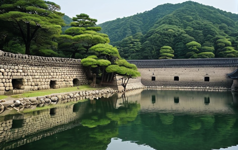 **Historical Lake Scene:** "A serene lake scene reminiscent of the Joseon Dynasty, with ancient stone walls bordering the water. Capture the historical depth and the lake's importance as a water source. Focus on the tranquility and legacy of the place."