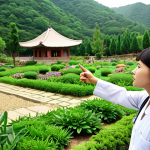 **

A lush, green landscape featuring the Sanchong Herbal Medicine Theme Park, South Korea. Focus on the meticulously maintained gardens filled with a diverse array of medicinal plants, each labeled in Arabic. In the foreground, a female tourist is attentively listening to a guide who is pointing to a specific plant and explaining its traditional uses in Arabic. The overall atmosphere should evoke a sense of tranquility, discovery, and the integration of nature and traditional medicine.

**