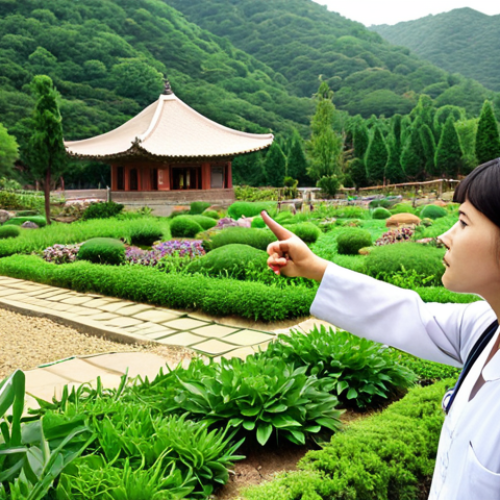 Home 6 **
A lush, green landscape featuring the Sanchong Herbal Medicine Theme Park, South Korea. Focus on the meticulously maintained gardens filled with a diverse array of medicinal plants, each labeled in Arabic. In the foreground, a female tourist is attentively listening to a guide who is pointing to a specific plant and explaining its traditional uses in Arabic. The overall atmosphere should evoke a sense of tranquility, discovery, and the integration of nature and traditional medicine.
**