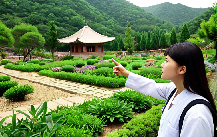 **
A lush, green landscape featuring the Sanchong Herbal Medicine Theme Park, South Korea. Focus on the meticulously maintained gardens filled with a diverse array of medicinal plants, each labeled in Arabic. In the foreground, a female tourist is attentively listening to a guide who is pointing to a specific plant and explaining its traditional uses in Arabic. The overall atmosphere should evoke a sense of tranquility, discovery, and the integration of nature and traditional medicine.
**