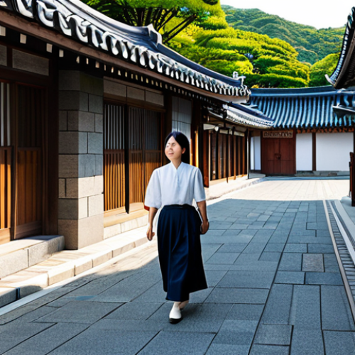 A professional individual, fully clothed in modest, contemporary business attire, walking along a historical street in Gunsan, South Korea. The street is lined with beautifully preserved buildings from the Japanese colonial era, showcasing unique architectural details like stone walls, ornate wooden windows, and traditional Korean-Japanese fusion roofs. The scene is bathed in soft, natural sunlight, highlighting the textures of the old facades, creating a family-friendly atmosphere of historical preservation. The subject has perfect anatomy, correct proportions, natural pose, well-formed hands, and proper finger count. This is a high-quality professional photograph, safe for work, appropriate content, and depicts appropriate attire and professional dress.