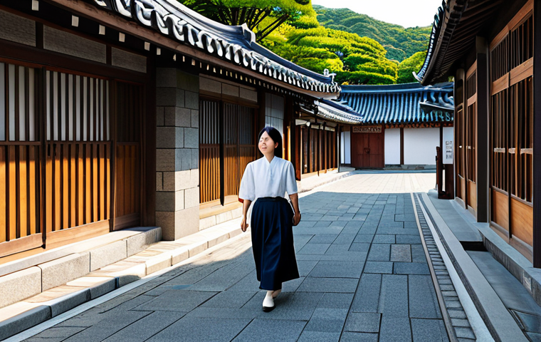 A professional individual, fully clothed in modest, contemporary business attire, walking along a historical street in Gunsan, South Korea. The street is lined with beautifully preserved buildings from the Japanese colonial era, showcasing unique architectural details like stone walls, ornate wooden windows, and traditional Korean-Japanese fusion roofs. The scene is bathed in soft, natural sunlight, highlighting the textures of the old facades, creating a family-friendly atmosphere of historical preservation. The subject has perfect anatomy, correct proportions, natural pose, well-formed hands, and proper finger count. This is a high-quality professional photograph, safe for work, appropriate content, and depicts appropriate attire and professional dress.