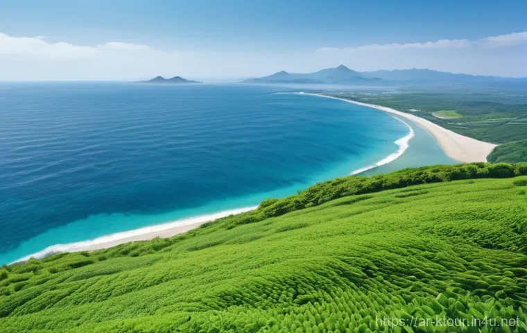 제주 우도 여행 팁 - **"A serene panoramic view from Udo-bong Peak on Udo Island. The scene features a person, dressed in...