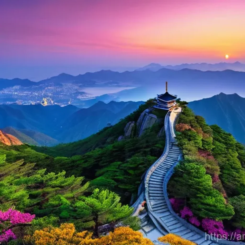 남해 금산 보리암 여행 - **Awe-Inspiring Sunset from Geumsan Peak with Boriam Temple:** A breathtaking, wide-angle panoramic ...