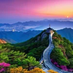 남해 금산 보리암 여행 - **Awe-Inspiring Sunset from Geumsan Peak with Boriam Temple:** A breathtaking, wide-angle panoramic ...