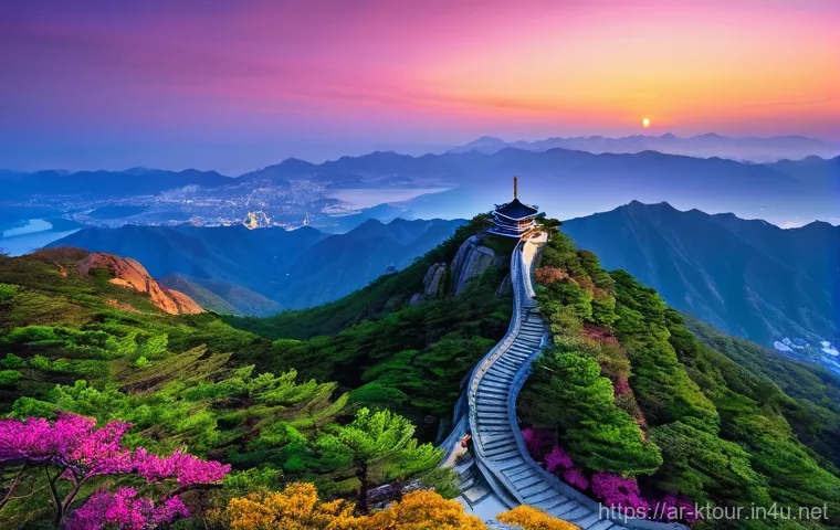 남해 금산 보리암 여행 - **Awe-Inspiring Sunset from Geumsan Peak with Boriam Temple:** A breathtaking, wide-angle panoramic ...